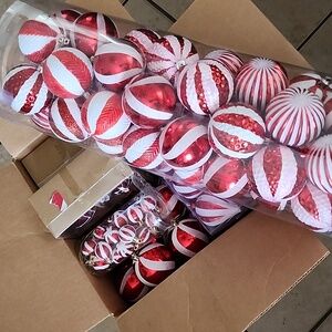 Red and White Christmas Ornaments Lot Plus Hat Topper